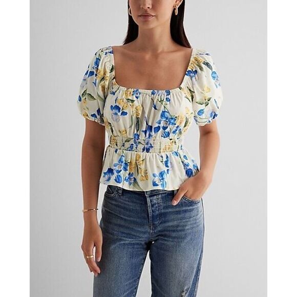 ✨Express Floral Square Neck Puff Sleeve Peplum Sz Large Top✨ - Picture 1 of 12
